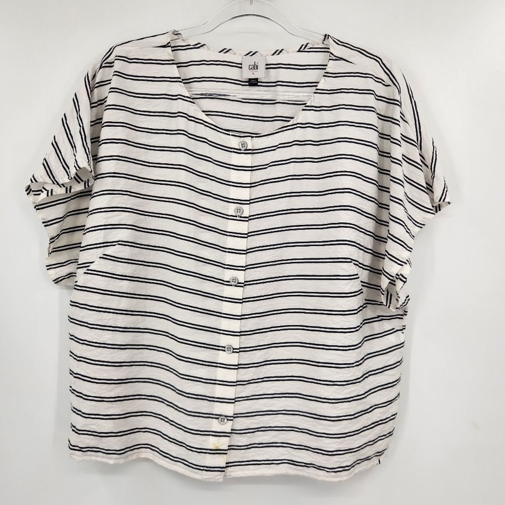Cabi Sail Away Top Womens Size Large White Black Striped Short Sleeve